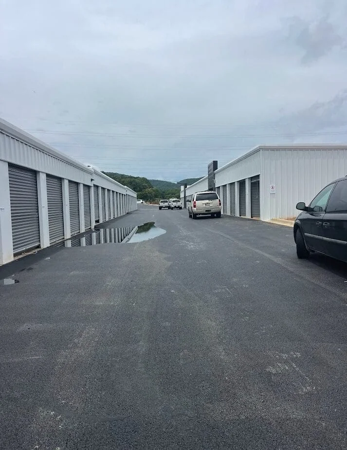 Completed storage buildings and paved access at Huntsville Self-Storage